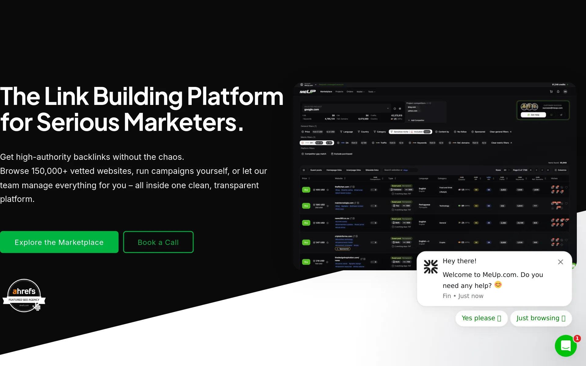 meup link building marketplace homepage screenshot
